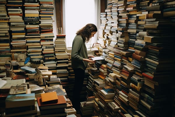 Woman reading a book in the library. She is standing near the window.
